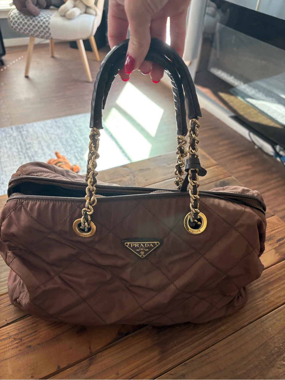 Prada Quilted Brown Shoulder Bag with Gold Chain Handles